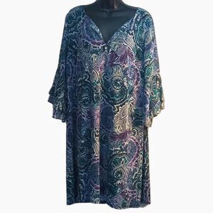 Roz & Ali Dress Sze 1X Paisley Floral Bohemian Flared Ruffle Sleeve Lightweight